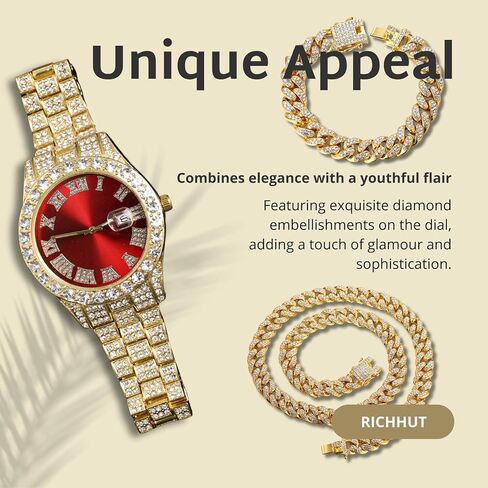 ساعة ماسية للرجال للرجال بمينا أخضر/أزرق/أحمر بعرض 18 مم، سوار معصم عريض 18 قيراط من الذهب الحقيقي/الذهب الأبيض المطلي بالبلاتينيوم، مع مجموعة سلسلة ربط كوبية اختيارية، هدية للزوج الصديق in Kuwait