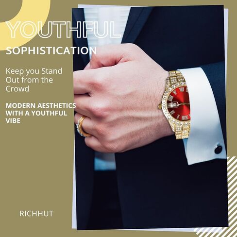 ساعة ماسية للرجال للرجال بمينا أخضر/أزرق/أحمر بعرض 18 مم، سوار معصم عريض 18 قيراط من الذهب الحقيقي/الذهب الأبيض المطلي بالبلاتينيوم، مع مجموعة سلسلة ربط كوبية اختيارية، هدية للزوج الصديق in Kuwait