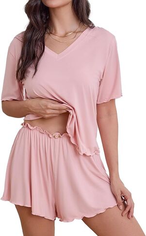 Bamboo Viscose Women's Pajama Sets 2 Piece Comfy Lounge Sets Soft T-shirt & Sleep Pjs Shorts with Rose Applique in Saudi Arabia