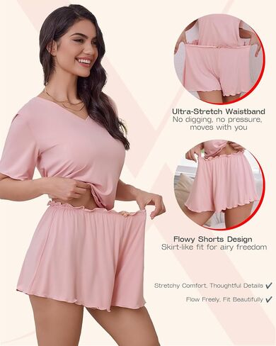 Bamboo Viscose Women's Pajama Sets 2 Piece Comfy Lounge Sets Soft T-shirt & Sleep Pjs Shorts with Rose Applique in Saudi Arabia
