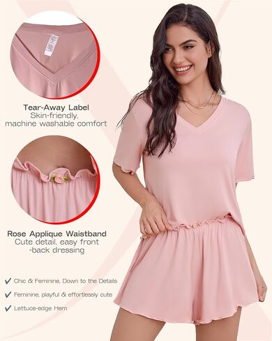 Bamboo Viscose Women's Pajama Sets 2 Piece Comfy Lounge Sets Soft T-shirt & Sleep Pjs Shorts with Rose Applique in Saudi Arabia