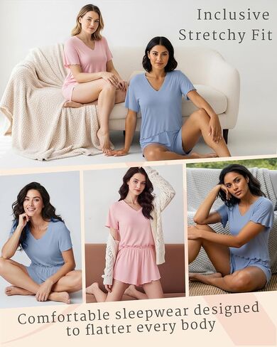 Bamboo Viscose Women's Pajama Sets 2 Piece Comfy Lounge Sets Soft T-shirt & Sleep Pjs Shorts with Rose Applique in Saudi Arabia