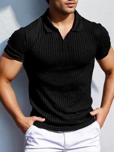 Men's Short Sleeve Knitted Polo Shirt Vertical Stripe Shirt Light Casual Golf Shirt V Neck Sports T-Shirt in Saudi Arabia