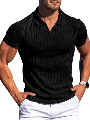 Men's Short Sleeve Knitted Polo Shirt Vertical Stripe Shirt Light Casual Golf Shirt V Neck Sports T-Shirt in Saudi Arabia