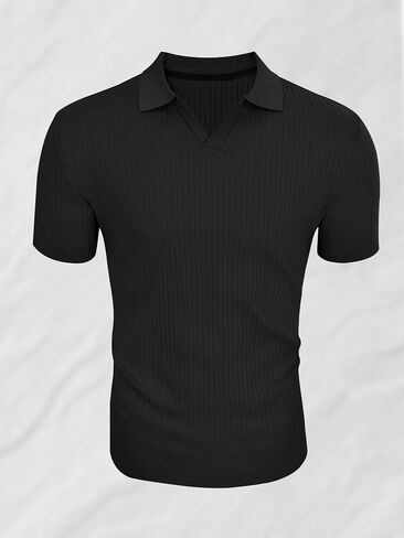 Men's Short Sleeve Knitted Polo Shirt Vertical Stripe Shirt Light Casual Golf Shirt V Neck Sports T-Shirt in Saudi Arabia