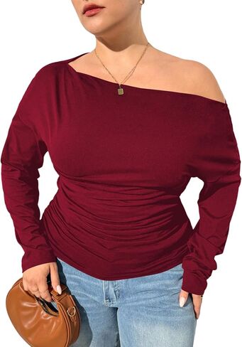 Women's Plus Size Off Shoulder Ruched Tops Long Sleeve Slim Fit Tee Shirts Elegant Basic Top in Saudi Arabia