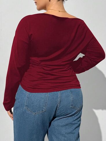 Women's Plus Size Off Shoulder Ruched Tops Long Sleeve Slim Fit Tee Shirts Elegant Basic Top in Saudi Arabia