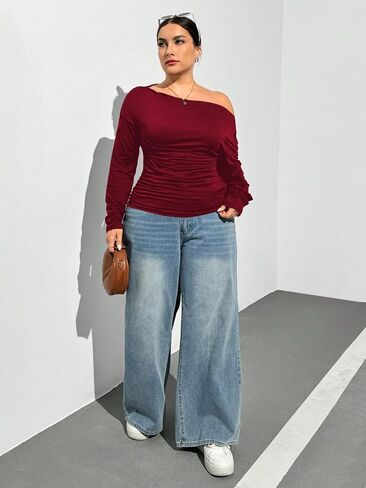 Women's Plus Size Off Shoulder Ruched Tops Long Sleeve Slim Fit Tee Shirts Elegant Basic Top in Saudi Arabia