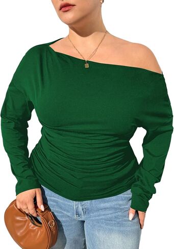 Women's Plus Size Off Shoulder Ruched Tops Long Sleeve Slim Fit Tee Shirts Elegant Basic Top in Saudi Arabia