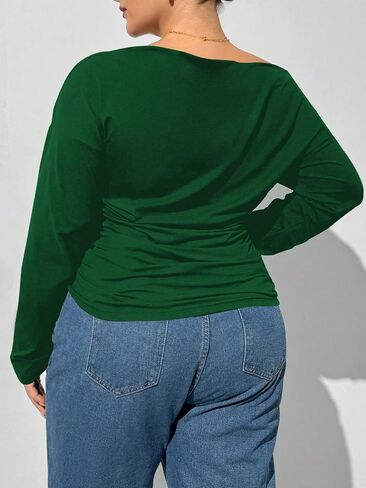 Women's Plus Size Off Shoulder Ruched Tops Long Sleeve Slim Fit Tee Shirts Elegant Basic Top in Saudi Arabia