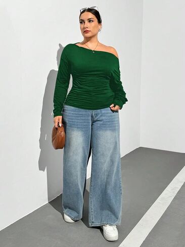 Women's Plus Size Off Shoulder Ruched Tops Long Sleeve Slim Fit Tee Shirts Elegant Basic Top in Saudi Arabia