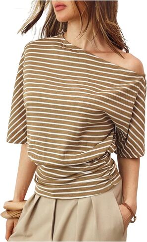 SweatyRocks Women's Striped Off Shoulder T Shirts Dolman Sleeve Ruched Knitted Tees in Saudi Arabia