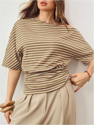SweatyRocks Women's Striped Off Shoulder T Shirts Dolman Sleeve Ruched Knitted Tees in Saudi Arabia