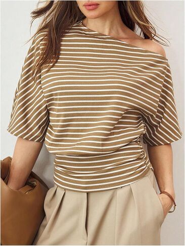 SweatyRocks Women's Striped Off Shoulder T Shirts Dolman Sleeve Ruched Knitted Tees in Saudi Arabia