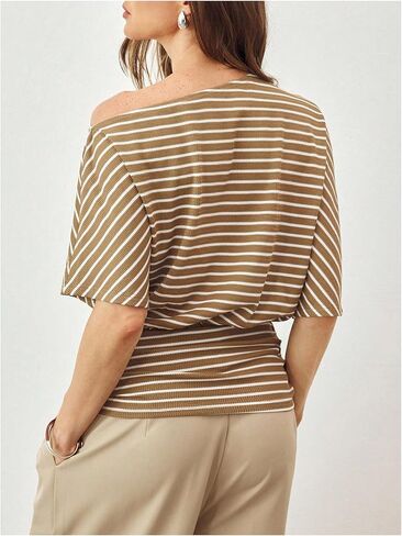 SweatyRocks Women's Striped Off Shoulder T Shirts Dolman Sleeve Ruched Knitted Tees in Saudi Arabia