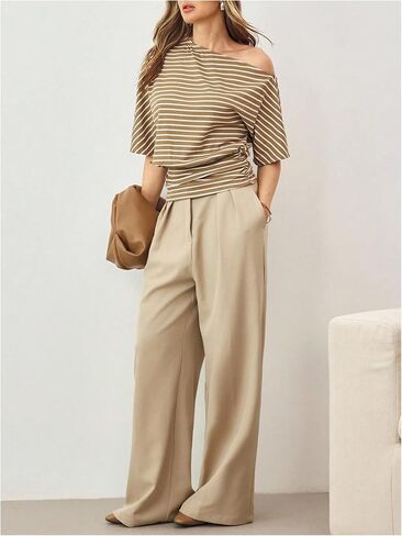 SweatyRocks Women's Striped Off Shoulder T Shirts Dolman Sleeve Ruched Knitted Tees in Saudi Arabia