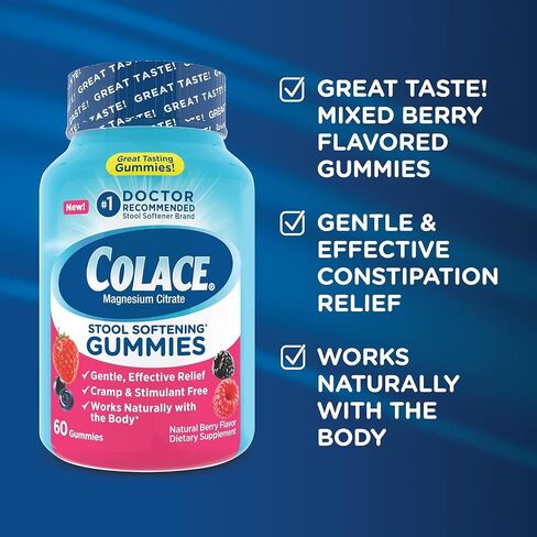 Colace Stool Softener Gummies, Gentle Dependable Constipation Relief Magnesium Citrate Gummies, No.1 Doctor Recommended Stool Softener Brand, Berry Flavored 60ct in Saudi Arabia