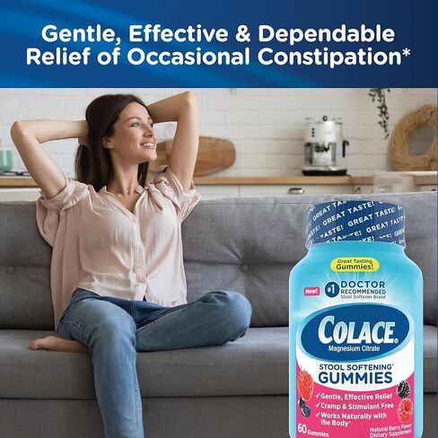Colace Stool Softener Gummies, Gentle Dependable Constipation Relief Magnesium Citrate Gummies, No.1 Doctor Recommended Stool Softener Brand, Berry Flavored 60ct in Saudi Arabia