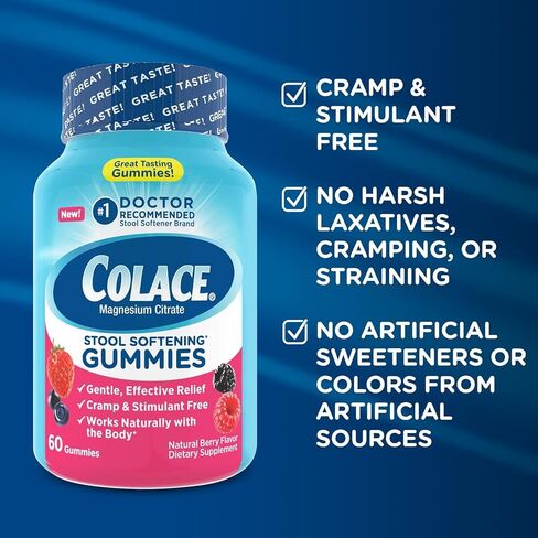 Colace Stool Softener Gummies, Gentle Dependable Constipation Relief Magnesium Citrate Gummies, No.1 Doctor Recommended Stool Softener Brand, Berry Flavored 60ct in Saudi Arabia