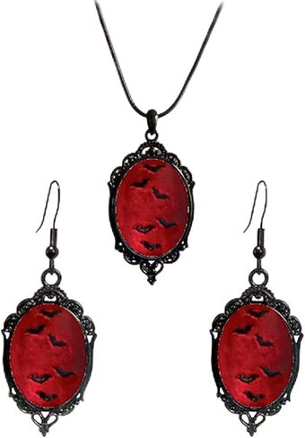 Gothic Glass Pendant Necklace Earrings Set Vintage Vampire Bat Mystic Witch Black Raven Crow Pumpkin Embossed Jewelry Set for Women Punk Halloween Cosplay Party Fashion Costume Accessories in Saudi Arabia