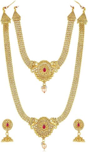 Aheli قلادة قصيرة وطويلة من الحجر الصناعي واللؤلؤ مرصع باللؤلؤ من Maharani Haar مع أقراط Jhumki مجموعة مجوهرات الزفاف هدية للنساء in Saudi Arabia