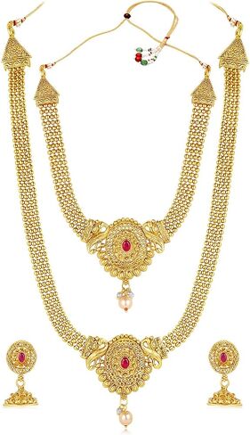 Aheli قلادة قصيرة وطويلة من الحجر الصناعي واللؤلؤ مرصع باللؤلؤ من Maharani Haar مع أقراط Jhumki مجموعة مجوهرات الزفاف هدية للنساء in Saudi Arabia