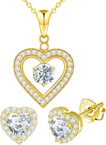 Gold Tone Jewelry Set: Moissanite Heart Necklace & Stud Earrings | 31+34 Stones | Gift for Wife, Girlfriend in Saudi Arabia
