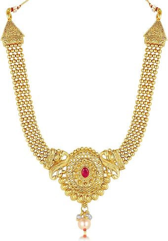 Aheli قلادة قصيرة وطويلة من الحجر الصناعي واللؤلؤ مرصع باللؤلؤ من Maharani Haar مع أقراط Jhumki مجموعة مجوهرات الزفاف هدية للنساء in Saudi Arabia