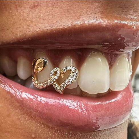 2 حزمة للجنسين النحاس على شكل قلب Grillz - الذهب + الفضة القابلة للإزالة الهيب هوب الشرير الأسنان الأحجار الكريمة هالوين اكسسوارات حزب هدية in Saudi Arabia