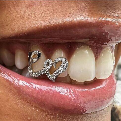 2 حزمة للجنسين النحاس على شكل قلب Grillz - الذهب + الفضة القابلة للإزالة الهيب هوب الشرير الأسنان الأحجار الكريمة هالوين اكسسوارات حزب هدية in Saudi Arabia