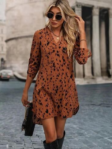 SISKIN Women's V Neck Boho Summer Dress 2025 Lightweight Shrugs Flowy Roll Up Long Sleeve Short Dresses in Saudi Arabia