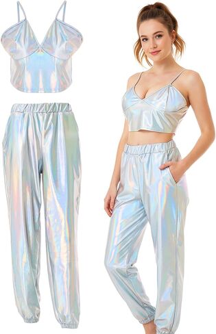 2 Pcs Womens Shiny Metallic High Waist Stretchy Jogger Pants Metallic Tank Top Hip Hop Disco Pant Outfits in Saudi Arabia
