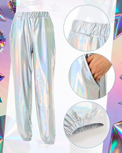 2 Pcs Womens Shiny Metallic High Waist Stretchy Jogger Pants Metallic Tank Top Hip Hop Disco Pant Outfits in Saudi Arabia