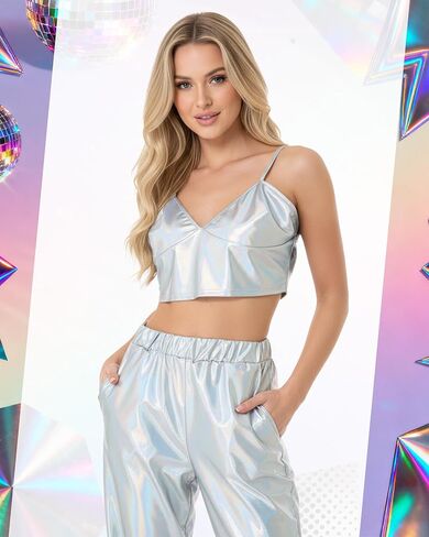 2 Pcs Womens Shiny Metallic High Waist Stretchy Jogger Pants Metallic Tank Top Hip Hop Disco Pant Outfits in Saudi Arabia