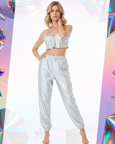 2 Pcs Womens Shiny Metallic High Waist Stretchy Jogger Pants Metallic Tank Top Hip Hop Disco Pant Outfits in Saudi Arabia
