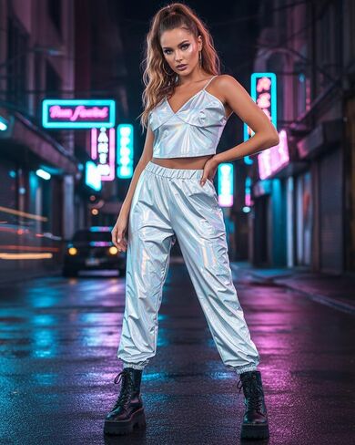 2 Pcs Womens Shiny Metallic High Waist Stretchy Jogger Pants Metallic Tank Top Hip Hop Disco Pant Outfits in Saudi Arabia
