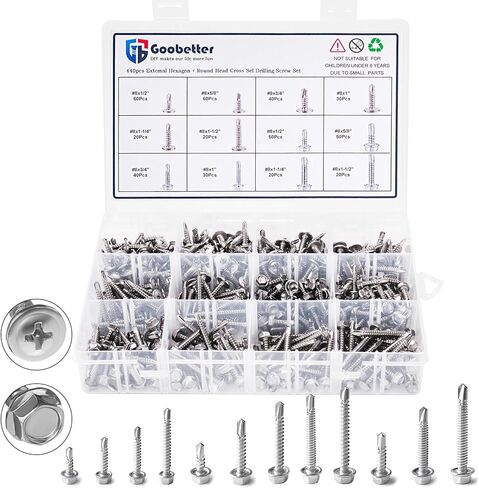 450PCS Self Tapping Screws for Metal, Stainless Steel Screws #8#10 Self Drilling Screws Assortment Set, Round Head #8x1/2'' to 2'', Hex Head #8x1/2'' to 1-1/2", #10x1/2'' to #10x1-1/4" in Kuwait