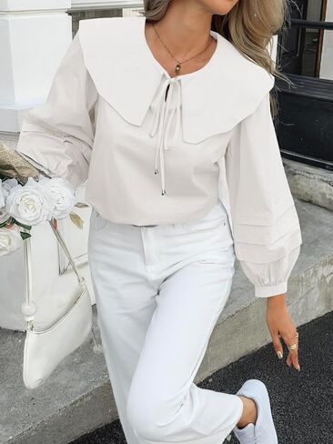 Cicy Bell Womens Peter Pan Collar Shirts Long Puff Sleeve Cotton Blouses Trendy Casual Loose Fit Tops in Saudi Arabia