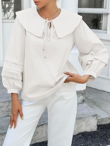 Cicy Bell Womens Peter Pan Collar Shirts Long Puff Sleeve Cotton Blouses Trendy Casual Loose Fit Tops in Saudi Arabia