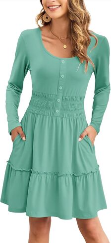 AUSELILY Womens Fall Dress 2025 Long Sleeve Tank Button Down Dresses Ruffle Tiered Smocked Elastic Waist Casual Mini Dress in Kuwait