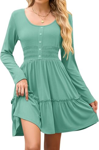 AUSELILY Womens Fall Dress 2025 Long Sleeve Tank Button Down Dresses Ruffle Tiered Smocked Elastic Waist Casual Mini Dress in Kuwait