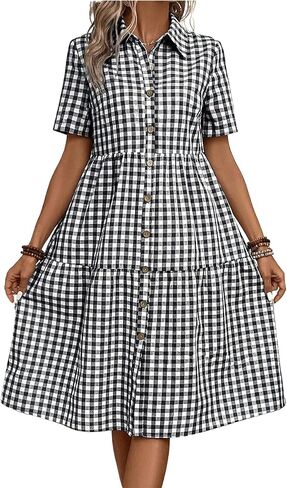ebossy Women's Retro Plaid Shirt Dress Elegant Lapel Button Up Swing A line Flowy Gingham Mid Tunic Dress in Saudi Arabia