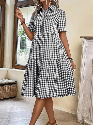 ebossy Women's Retro Plaid Shirt Dress Elegant Lapel Button Up Swing A line Flowy Gingham Mid Tunic Dress in Saudi Arabia