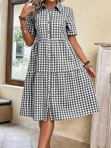 ebossy Women's Retro Plaid Shirt Dress Elegant Lapel Button Up Swing A line Flowy Gingham Mid Tunic Dress in Saudi Arabia