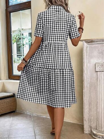 ebossy Women's Retro Plaid Shirt Dress Elegant Lapel Button Up Swing A line Flowy Gingham Mid Tunic Dress in Saudi Arabia