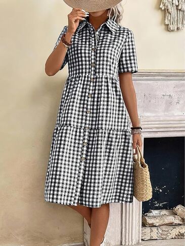 ebossy Women's Retro Plaid Shirt Dress Elegant Lapel Button Up Swing A line Flowy Gingham Mid Tunic Dress in Saudi Arabia
