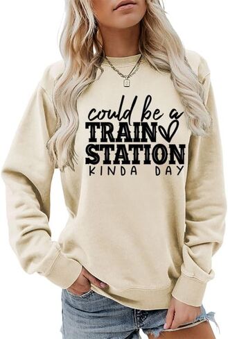 Could Be A Train Station Sweatshirts For Women Casual Long Sleeve Sweatshirt Funny Print Crewneck Pullover Cute Top in Saudi Arabia