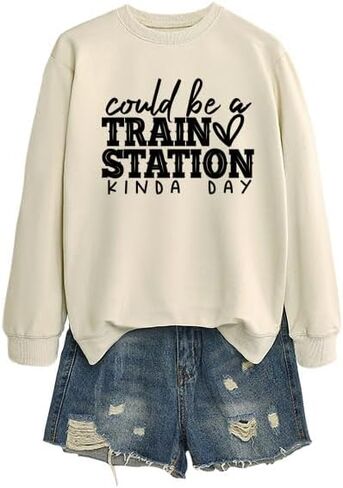 Could Be A Train Station Sweatshirts For Women Casual Long Sleeve Sweatshirt Funny Print Crewneck Pullover Cute Top in Saudi Arabia