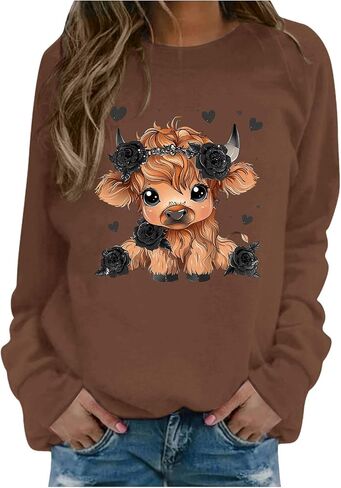 Highland Cow Sweatshirt For Women Cute Crewneck Pullover Long Sleeve Loose Fit Casual Comfort Graphic Tshirts Tops in Saudi Arabia