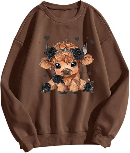 Highland Cow Sweatshirt For Women Cute Crewneck Pullover Long Sleeve Loose Fit Casual Comfort Graphic Tshirts Tops in Saudi Arabia